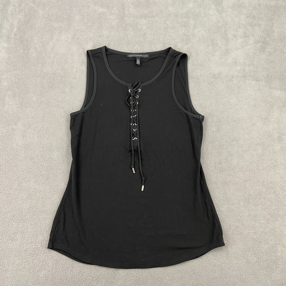 White House Black Market Tank Top Women S Black Stretch Round Neck Lace Up Front